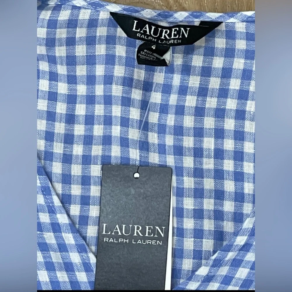 NEW LAUREN RALPH LAUREN Gingham Fit-and-Flare Linen Dress Sz4 - Picture 3 of 3